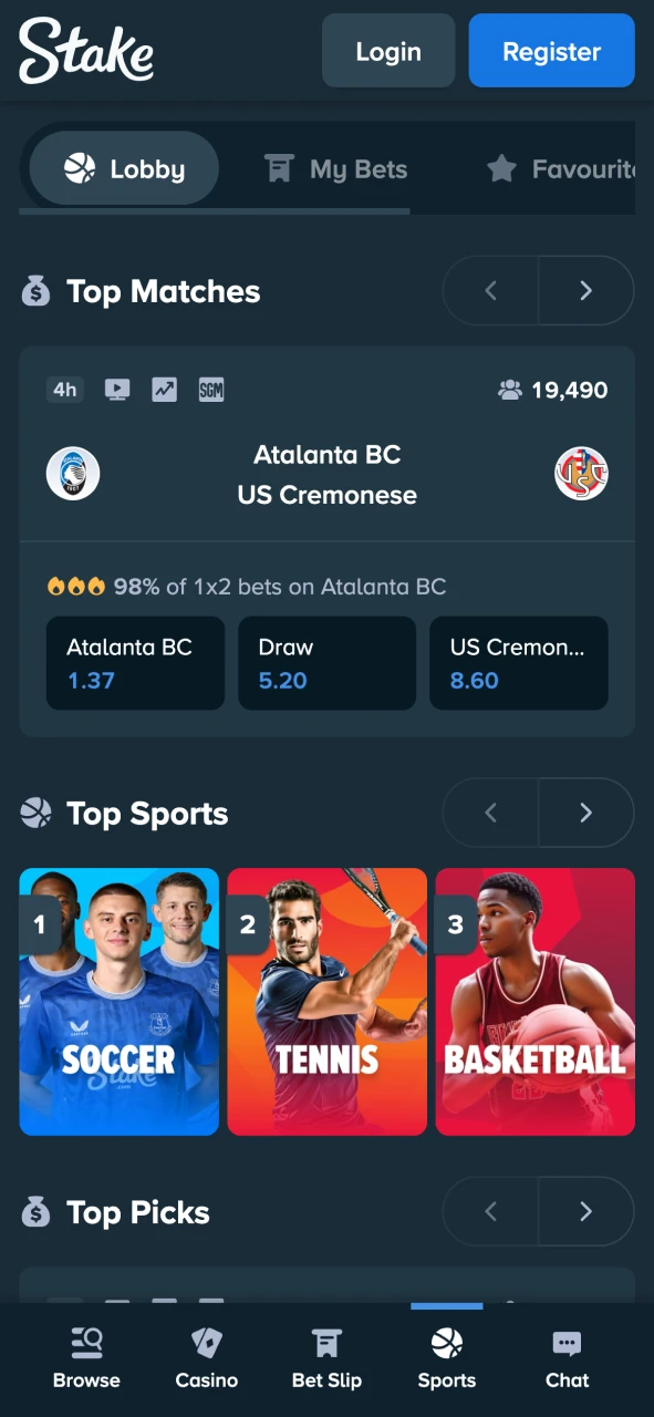 Explore the sports section at Stake app and place a bet.