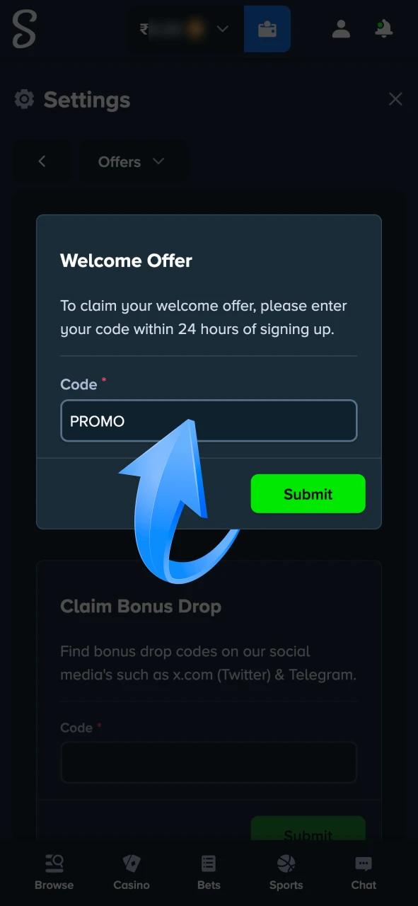Enter the Stake promo code to activate the bonus.