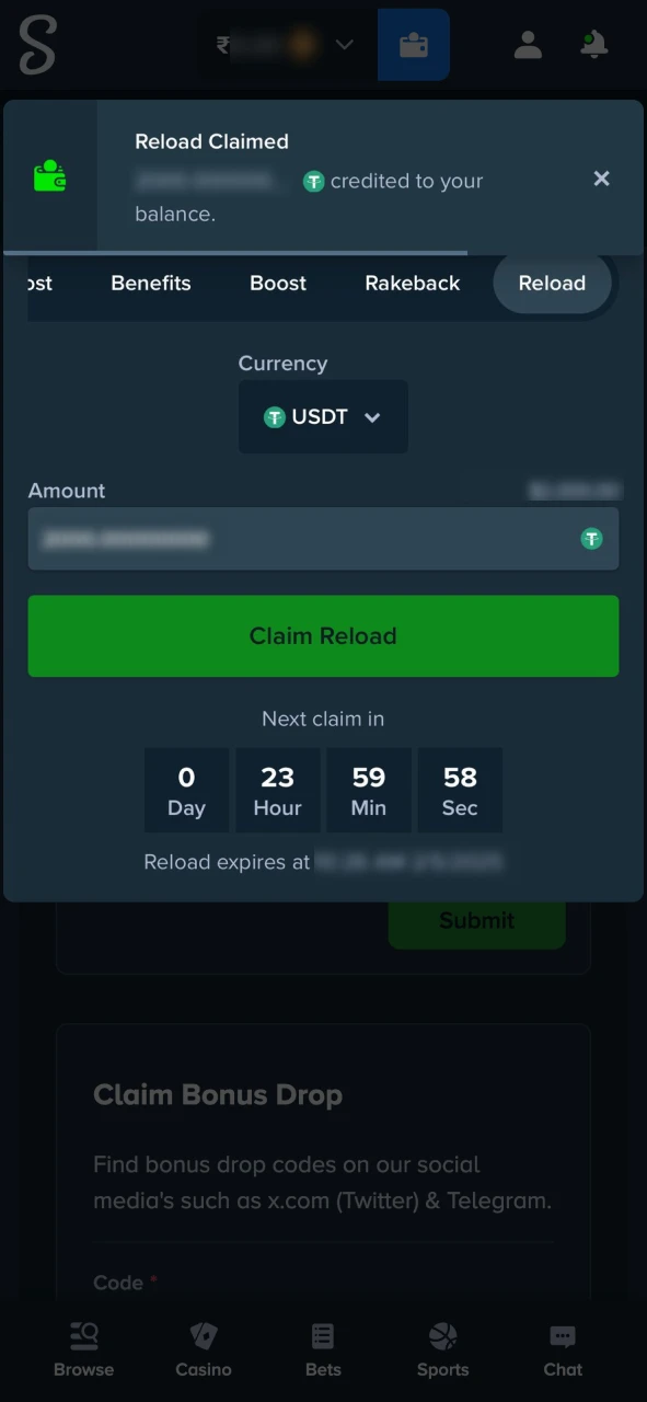 Check the bonus balance and start playing at Stake.