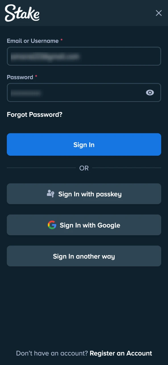 Access your Stake account using registered credentials.