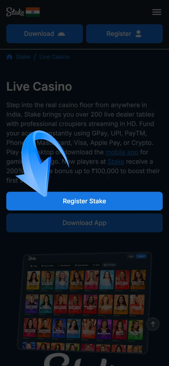 Click the registration button on Stake home page.