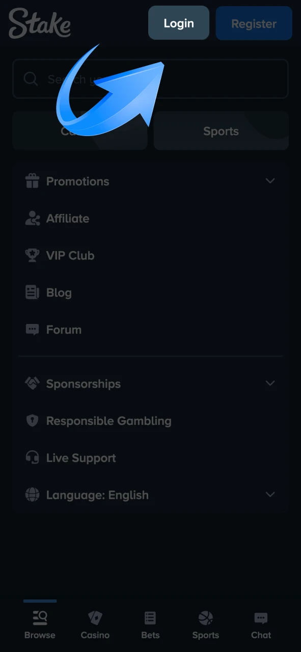 Click the login button on Stake home screen.