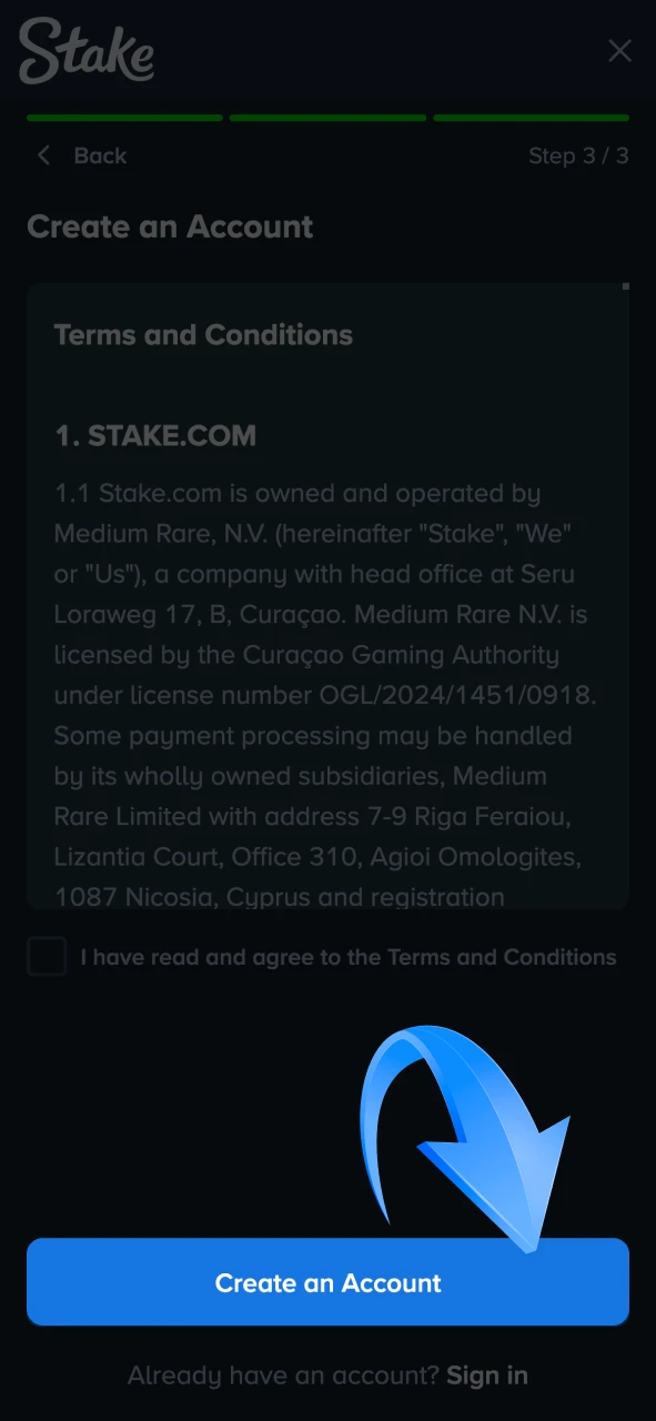 Complete registration process by pressing the button at Stake.