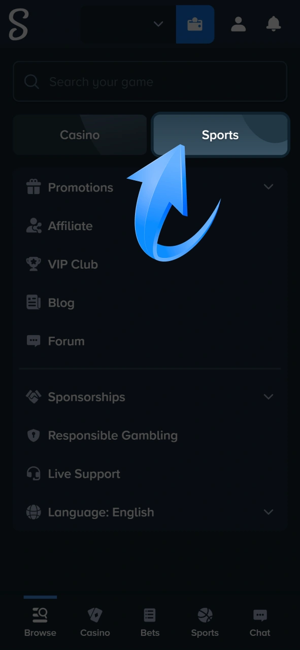 Select the sports category from the main menu after logging into your Stake account.