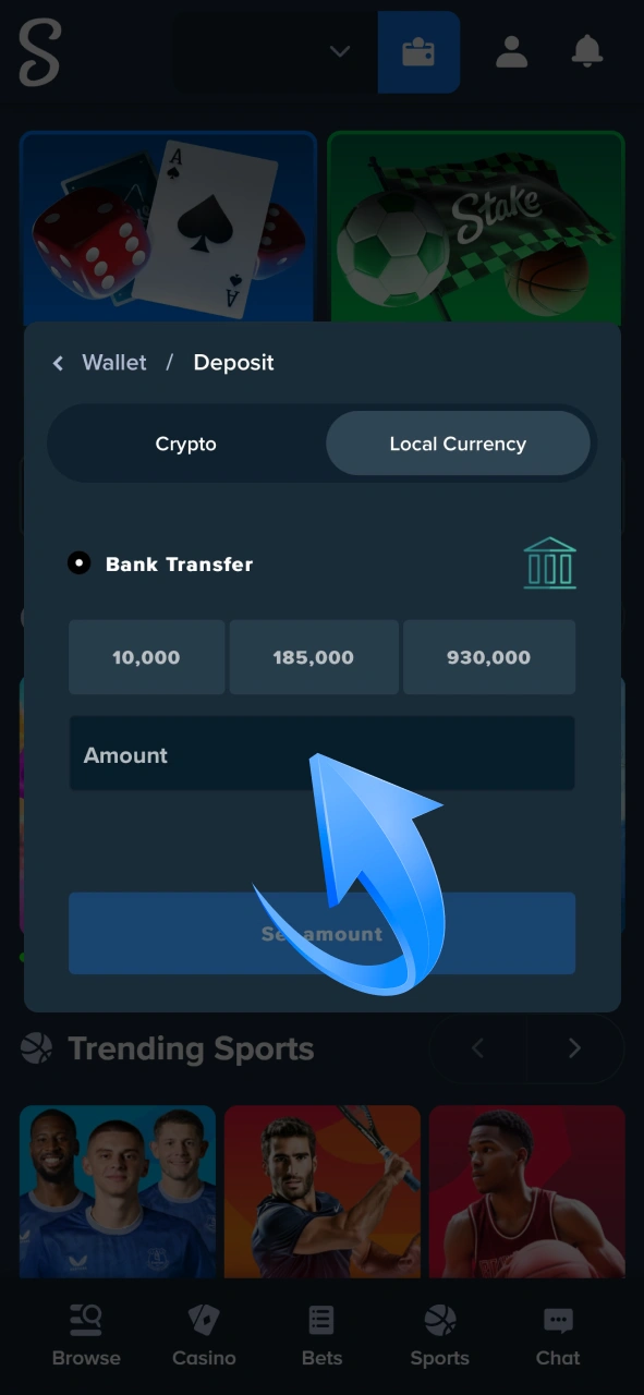 Select your preferred local currency and deposit amount to fund your Stake account via bank transfer.