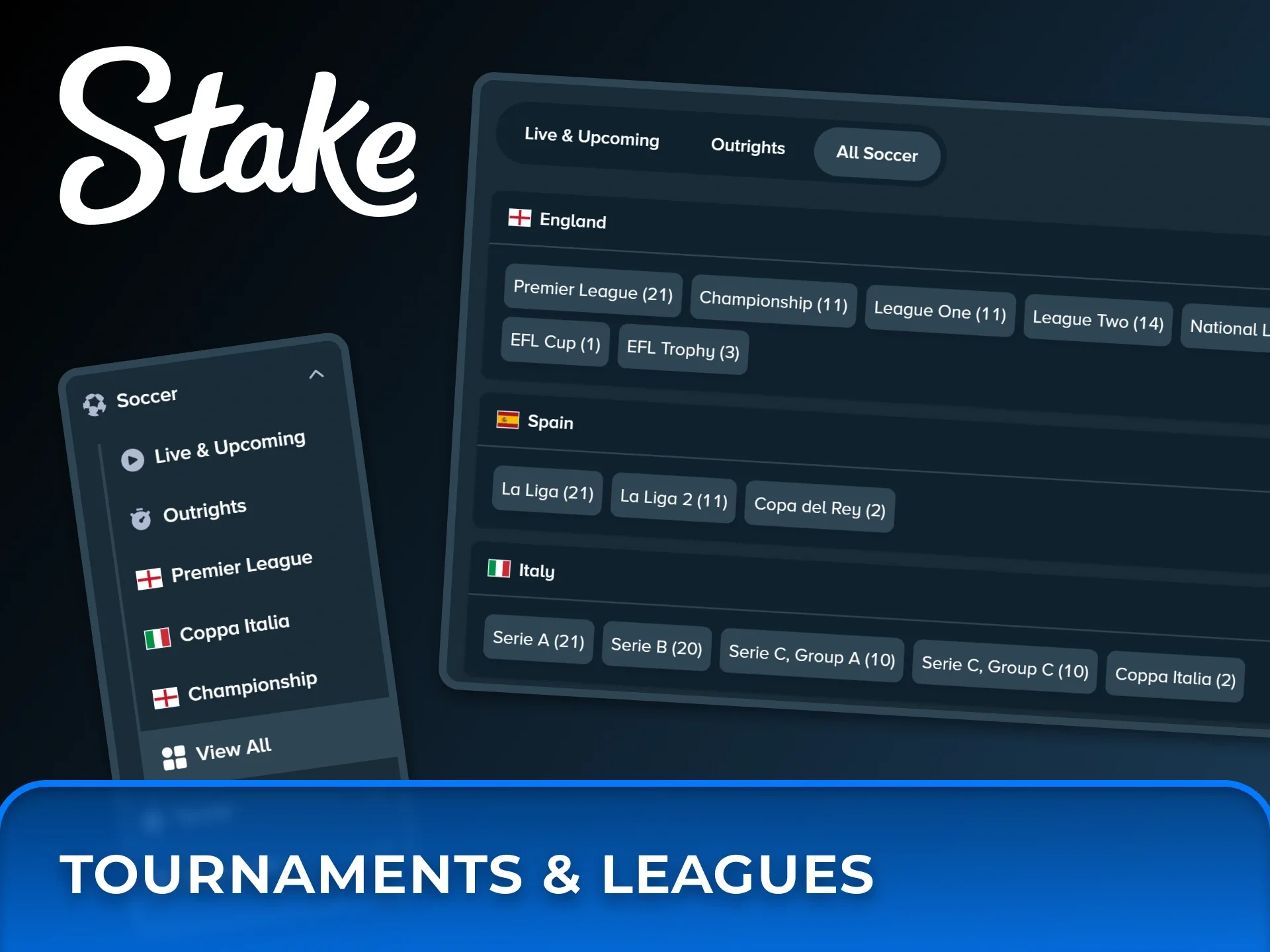 Browse an extensive list of football leagues, including the Premier League and La Liga, available for betting at Stake.
