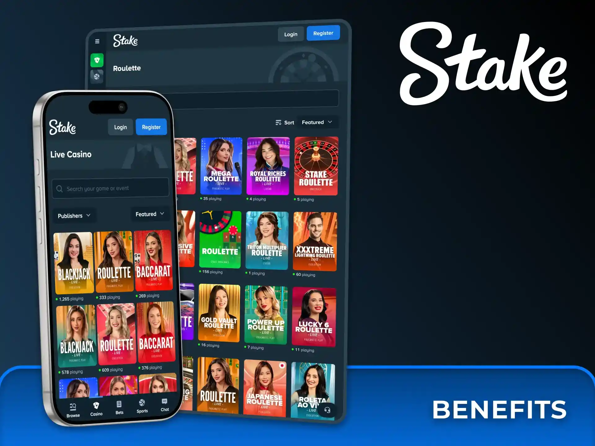 Get the benefit of playing live casino on Stake mobile app.